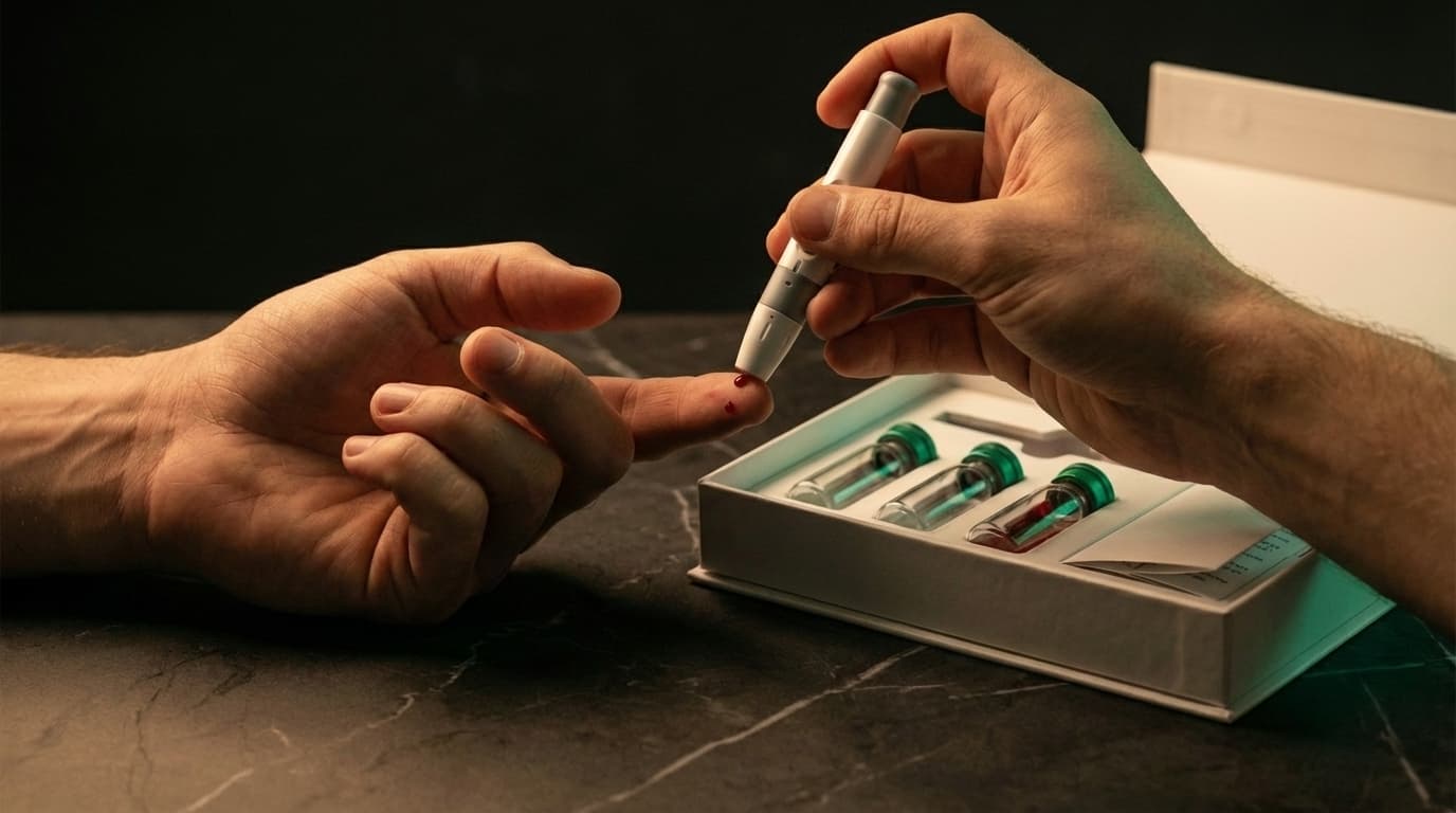 Nahaufnahme eines Finger-Prick Bluttests mit Testkit auf dunklem Marmor