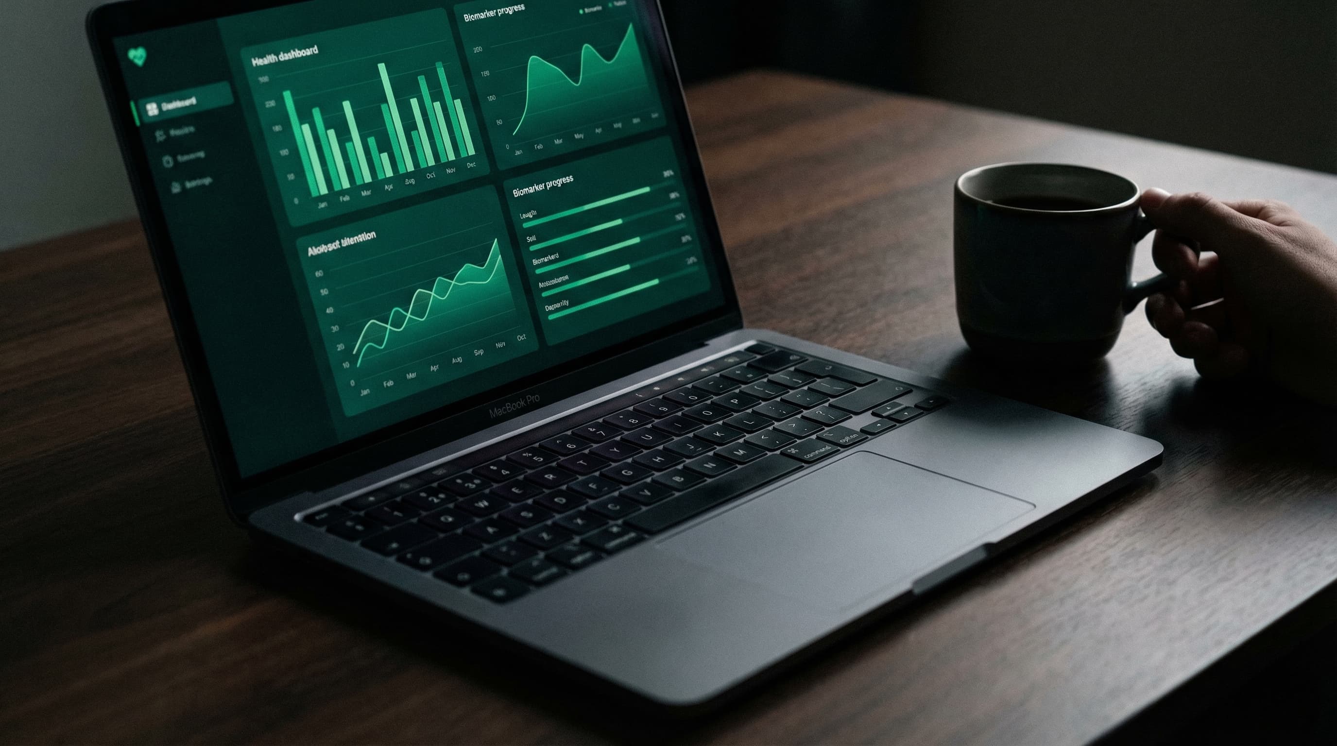 Dashboard mit Biomarker-Charts und Emerald-Akzenten