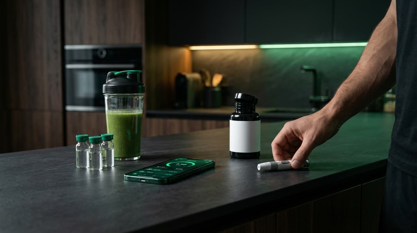 Morning-Routine mit Supplements, grünem Smoothie und Health-App auf dem Smartphone