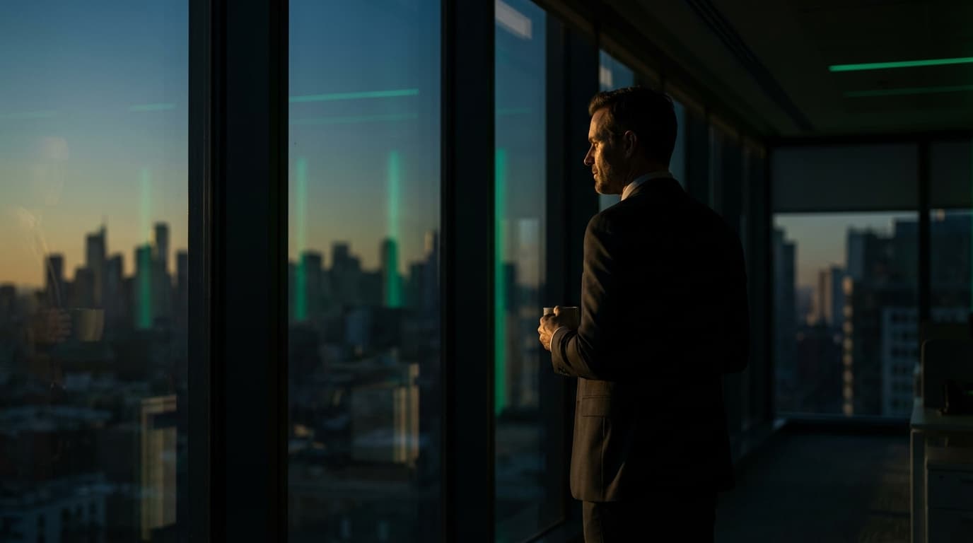 Geschäftsmann am Fenster bei Sonnenaufgang — Symbol für kontrollierte Energie