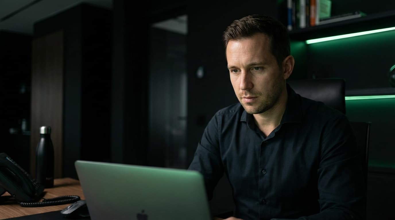 Konzentrierter Mann am Laptop in dunklem Büro — Symbol für mentalen Fokus