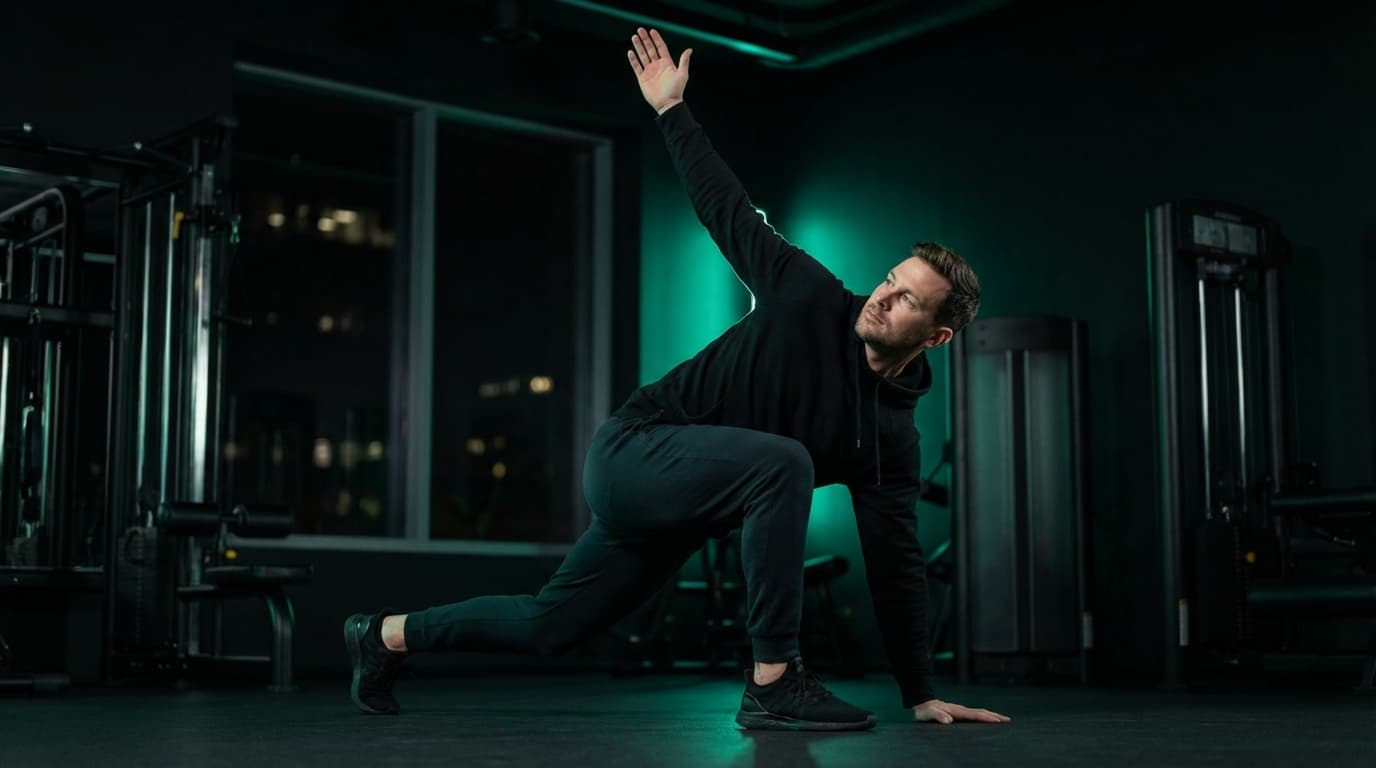 Athlet beim Stretching im dunklen Gym — Symbol für Regeneration und Stärke